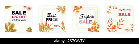 Modèles modernes d'affiche de vente carrée d'automne avec motif floral et géométrique. Convient pour les publications sur les médias sociaux, les affiches, les applications mobiles, la conception de bannières et les publicités Web, les arrière-plans vectoriels, les supports promotionnels. Illustration de Vecteur