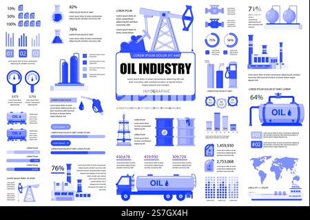 Grouper l'infographie de l'industrie pétrolière UI, UX, éléments DE KIT. Différents graphiques, diagrammes, flux de travail, transport, usine, extraction de brut, modèle de conception de graphiques. Ensemble graphique et infographies vectorielles. Illustration de Vecteur