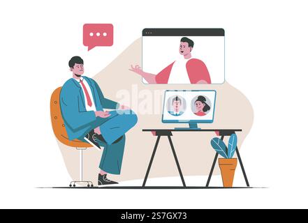 Concept de visioconférence isolé. Communication en ligne utilisant un programme d'appels vidéo. Scène de gens dans la conception de dessin animé plat. Illustration vectorielle pour blogs, site Web, application mobile, matériel promotionnel. Illustration de Vecteur