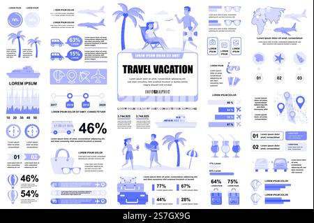 Pack infographie de vacances de voyage UI, UX, éléments DE KIT. Différents graphiques, diagrammes, flux de travail, organigramme, chronologie, schémas, modèle de conception de graphiques. Ensemble graphique et infographies vectorielles. Illustration de Vecteur