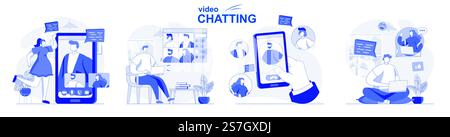 Chat vidéo isolé dans un design plat. Les gens discutent avec des amis en ligne à l'aide de l'application d'appel vidéo, collection de scènes. Illustration vectorielle pour blogs, site Web, application mobile, matériel promotionnel. Illustration de Vecteur
