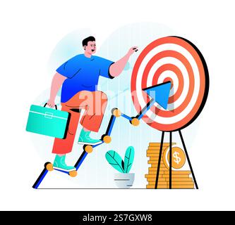 Concept de cible d'affaires dans un design plat moderne. Homme d'affaires avec mallette monte sur la flèche au jeu de fléchettes. Réalisation des objectifs de carrière, leadership, stratégie commerciale et investissement. Illustration vectorielle Illustration de Vecteur