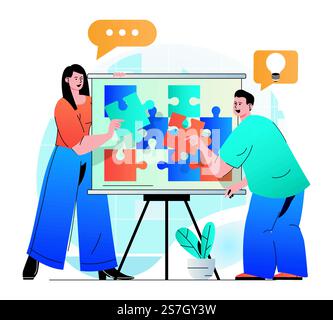 Concept de travail d'équipe dans un design plat moderne. Les collègues assemblent le puzzle, travaillent ensemble sur le projet, génèrent des idées, des brainstorms, collaborent et collaborent, développent des affaires. Illustration vectorielle Illustration de Vecteur