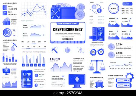 Bundle interface utilisateur infographique de minage de crypto-monnaie, UX, éléments DE KIT. Différents graphiques, diagrammes, flux de travail, organigramme, chronologie, schémas, modèle de conception de graphiques. Ensemble graphique et infographies vectorielles. Illustration de Vecteur