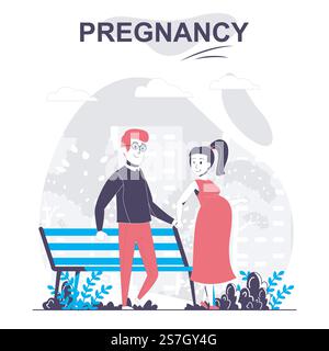 Concept de dessin animé isolé de grossesse et de maternité. Femme enceinte avec mari marcher dans le parc, scène des gens dans la conception plate. Illustration vectorielle pour blogs, site Web, application mobile, matériel promotionnel. Illustration de Vecteur