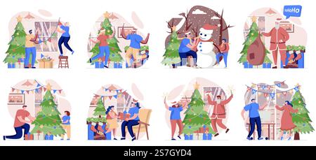 Collection de Noël de scènes isolées. Les gens décorent l'arbre de fête et célèbrent les vacances à la maison, dans un design plat. Illustration vectorielle pour blogs, site Web, application mobile, matériel promotionnel. Illustration de Vecteur
