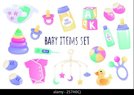 Icône d'articles de bébé définie dans un design 3D réaliste. Paquet de couche, sucette, poudre, crème, bouteille, vêtements, jouets et autres. Collection d'accessoires pour nouveau-né. Illustration vectorielle isolée sur fond blanc Illustration de Vecteur