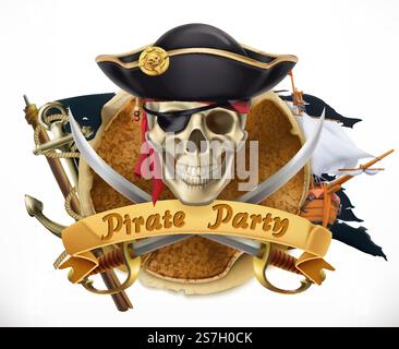 Fête des pirates. emblème vectoriel 3d. Illustration de Vecteur