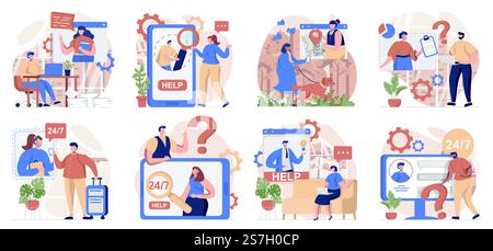 Collection d'assistant virtuel de scènes isolées. Les gens appellent et envoient des messages au support client, dans un design plat. Illustration vectorielle pour blogs, site Web, application mobile, matériel promotionnel. Illustration de Vecteur