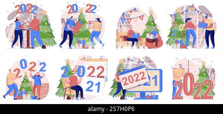 Bonne année collection de scènes isolées. Les gens célébrant les vacances de 2022 à la maison fête, mis dans le design plat. Illustration vectorielle pour blogs, site Web, application mobile, matériel promotionnel. Illustration de Vecteur
