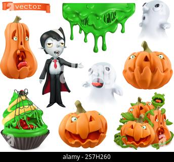 Joyeux Halloween. Citrouilles sculptées, cupcake, gouttes collantes, fantômes, vampire. Jeu de vecteurs 3d caractères et objets Illustration de Vecteur