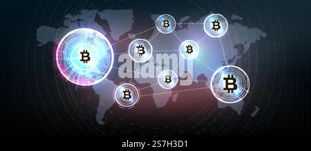 Symbole de pièce de crypto-monnaie Bitcoin. Crypto-monnaie, électronique virtuelle, argent Internet. Symbole de paiement. Fond conceptuel Bitcoin avec des lumières électriques brillantes bleues dans le style hud. Illustration de Vecteur