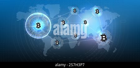 Symbole de pièce de crypto-monnaie Bitcoin. Crypto-monnaie, électronique virtuelle, argent Internet. Symbole de paiement. Fond conceptuel Bitcoin avec des lumières électriques brillantes bleues dans le style hud. Illustration de Vecteur