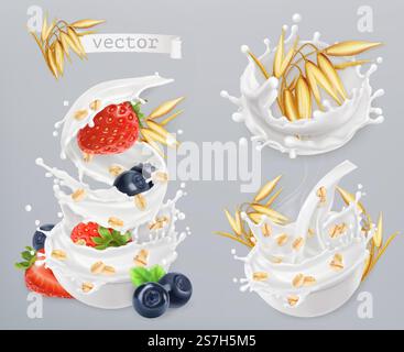 Flocons d'avoine. Grains d'avoine, fraise, myrtille et éclaboussures de lait. jeu d'icônes vectorielles réalistes 3d. Illustration de Vecteur