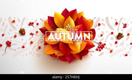 Bonjour affiche d'automne et modèle de bannière avec des feuilles colorées d'automne et des glands. Salutations et cadeaux pour la saison d'automne. Modèle de promotion pour automne ou automne concept. Illustration vectorielle eps 10 Illustration de Vecteur