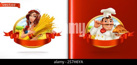 Blé et pain. Fermier et Baker. etiquette vectorielle 3d. Illustration de Vecteur