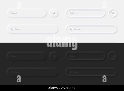 Barres de recherche esthétique dans différentes variations UI éléments de conception Neumorphic définis sur fond blanc noir Illustration de Vecteur