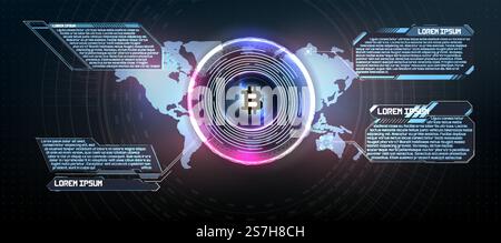Symbole de pièce de crypto-monnaie Bitcoin. Crypto-monnaie, électronique virtuelle, argent Internet. Symbole de paiement. Fond conceptuel Bitcoin avec des lumières électriques brillantes bleues dans le style hud. Illustration de Vecteur