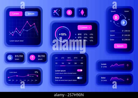 Éléments GUI pour l'application mobile de crypto-monnaie. Générateur d'interface utilisateur d'extraction de crypto-monnaie, d'échange et de négociation d'actions. Illustration vectorielle de kit de conception ui ux unique. Composants de navigation et de graphes. Illustration de Vecteur