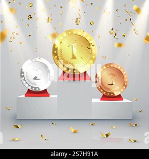 Contexte du gagnant. Premier lieu de compétition. Podium avec projecteurs et confettis Illustration de Vecteur