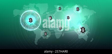 Symbole de pièce de crypto-monnaie Bitcoin. Crypto-monnaie, électronique virtuelle, argent Internet. Symbole de paiement. Fond conceptuel Bitcoin avec des lumières électriques brillantes bleues dans le style hud. Illustration de Vecteur