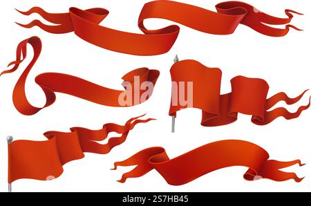 Drapeaux rouges et rubans. Jeu d'icônes vectorielles vintage 3D. Illustration de Vecteur