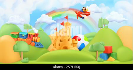 Paysage de jouets pour enfants. arrière-plan vectoriel 3d. Illustration d'art en plasticine Illustration de Vecteur
