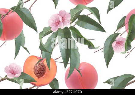 Pêches, fleurs de fruits et feuilles. Motif sans couture. fond vectoriel réaliste 3d. Illustration de Vecteur