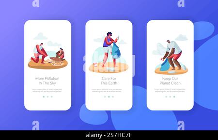 Les gens collectent les ordures sur la plage Mobile App page ensemble d'écran à bord, les gens bénévoles nettoyant les ordures sur la zone côtière de la ligne Save Tortures concept pour le site Web ou la page Web, illustration vectorielle plate de dessin animé Illustration de Vecteur