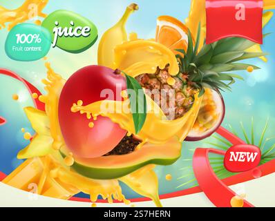 Mélanger les fruits. Éclaboussures de jus. Mangue, banane, ananas, papaye. vecteur réaliste 3d, conception de paquet Illustration de Vecteur