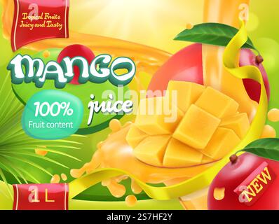 Jus de mangue. Fruits tropicaux sucrés. vecteur réaliste 3d, conception de paquet Illustration de Vecteur