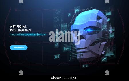 Illustration vectorielle de la tête de robot créée dans le style poly bas. AI. Concept d'intelligence artificielle. Modèle de mise en page de bannière Web avec interface futuriste HUD. Illustration de Vecteur