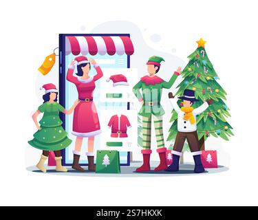 La famille fait des achats en ligne via smartphone et essaie des tenues de Noël pour célébrer Noël et le nouvel an. illustration vectorielle Illustration de Vecteur