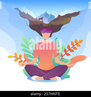 Concept de vecteur de divertissement numérique et de réalité virtuelle. Fille interagissant avec la nature imaginaire à travers des lunettes VR. Illustration du cyberespace VR. Divertissement numérique et concept de réalité virtuelle. Fille interagissant avec la nature imaginaire à travers des lunettes VR. Illustration du cyberespace VR Illustration de Vecteur