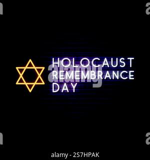 Bannière vectorielle internationale du jour du souvenir de l'Holocauste dans le style néon. Étoile juive brillante et texte sur un fond de brique. Conception vectorielle. Illustration de Vecteur