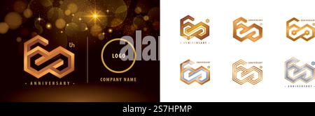 Ensemble de conception de logotype de 60e anniversaire, célébration d'anniversaire de soixante ans. Logo hexagone Infinity, 60 ans célébrant anniversaire logo argent et or pour événement de célébration, invitation. Illustration de Vecteur