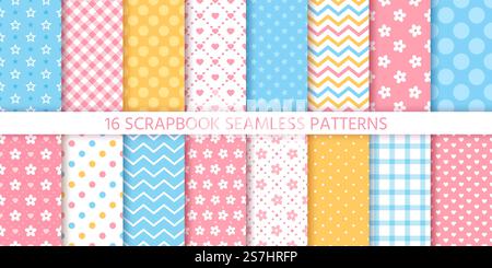 Modèle sans couture de scrapbook. Vecteur. Arrière-plans mignons. Set textures avec pois, fleurs, étoiles, zigzag, coeurs, et plaid. Imprimé rétro. Illustration de couleurs pastel. Décor tendance chic géométrique.. Modèle sans couture de scrapbook. Illustration vectorielle. Imprimés pastel géométriques. Illustration de Vecteur