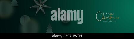 Bannière verte de Noël. Fond festif avec boules de papier origami vert, étoiles, flocons de neige, arbre de noël. Boules de Noël effet flou. Fond de vecteur du nouvel an, en-tête Web, bannière de médias sociaux. Illustration de Vecteur
