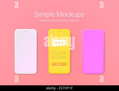Maquettes de téléphone simples de style minimaliste. Téléphones mobiles avec des fonctionnalités de personnalisation impressionnantes. Illustration de Vecteur