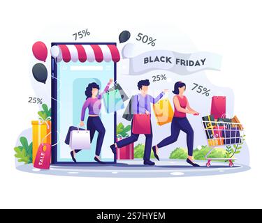 Les gens font des achats en ligne via smartphone à l'événement Black Friday, Big Discounts et Holiday sale. illustration vectorielle Illustration de Vecteur
