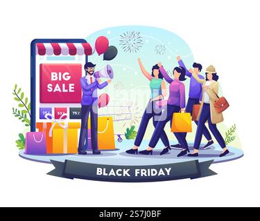Homme d'affaires Hold Megaphone renvoie les gens à magasiner sur Black Friday Big sale Holiday Shopping. illustration vectorielle Illustration de Vecteur