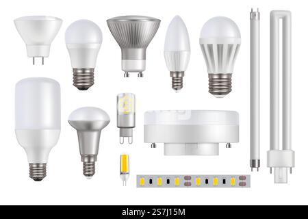 Ampoules LED isolées sur fond blanc maquette vectorielle réaliste. Lampes, ampoules et tubes LED, bandes ou rubans avec diodes électroluminescentes. équipement d'alimentation électrique 3d ou accessoires ménagers. Ampoules LED isolées sur fond blanc Illustration de Vecteur