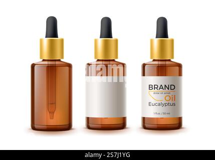 Vector bouteilles vierges brunes réalistes et bouteille avec étiquette de marque avec jeu de pipettes. Soin cosmétique de la peau, essence de soin des cheveux, maquette de produit de médecine naturelle. Produit organique à base d'essence d'eucalyptus. Bouteille de soins de la peau de pipette d'huile à base de plantes Vector 3D. Illustration de Vecteur