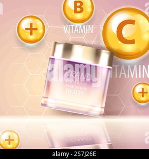 Pulvérisateur d'huile de bronzage avec protection UV. Sunblock SPF protection UV solution conception de soin solaire. Vitamine E. vitamine d et Coenzym Q10 Repair expert formule.. Illustration vectorielle réaliste 3d lumineuse. Complexe vitaminique. Bouteille cosmétique. Illustration de Vecteur