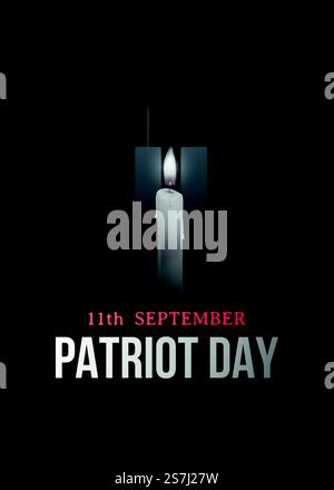 Affiche du Patriot Day avec bougie, silhouette New-yorkaise et drapeau américain sur fond. 11 septembre. Bannière vectorielle. Illustration de Vecteur