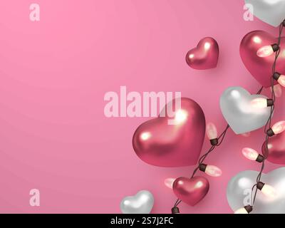 cœurs métalliques 3d avec guirlandes électriques sur fond rose pastel. Concept d'amour décoratif pour la Saint-Valentin ou le mariage. Illustration vectorielle.. Saint-Valentin, concept d'amour décoratif de mariage. Illustration de Vecteur