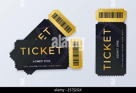 Deux billets de cinéma. Modèle réaliste de passe d'admission au cinéma. Festival d'illustration vectorielle noir et or couple billet isolé au cinéma, concert ou théâtre. Deux billets de cinéma. Modèle réaliste de passe d'admission au cinéma. Billet noir et or pour le festival vectoriel Illustration de Vecteur