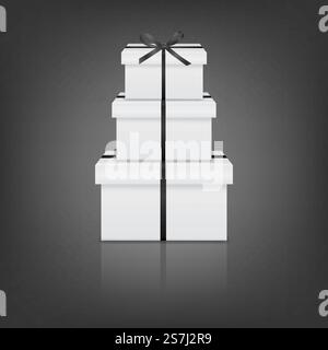 Pile de trois boîtes cadeaux blanches réalistes avec ruban noir et arc sur fond gris avec réflexion. Illustration vectorielle EPS10. . Pile de trois boîtes cadeaux blanches réalistes avec ruban noir et noeud Illustration de Vecteur