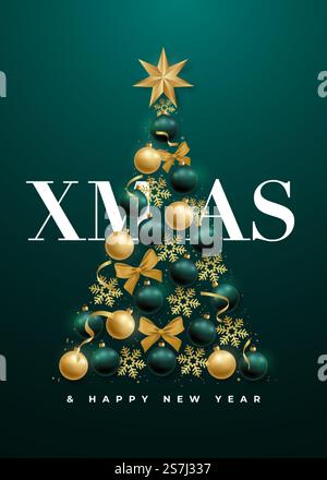 Sapin de Noël de luxe abstrait avec des boules réalistes dorées et vertes, flocon de neige, arcs et étoile. Fond vert festif de Noël avec des boules décoratives. Illustration vectorielle. Illustration de Vecteur