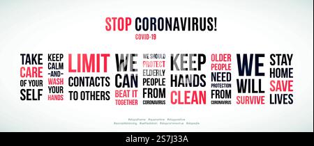 Citations COVID-19 fixées pour prévenir la propagation du coronavirus. Quarantaine et auto-isolement. Restez à la maison restez en sécurité. Limitez le contact aux autres. Prévention la propagation du coronavirus. Illustration vectorielle. Illustration de Vecteur
